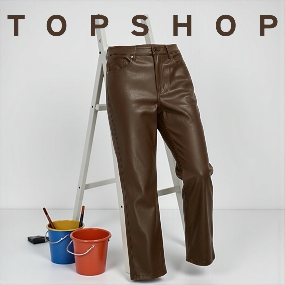 Topshop Petite faux leather straight leg pants in chocolate Size 4 Petite. NWOT